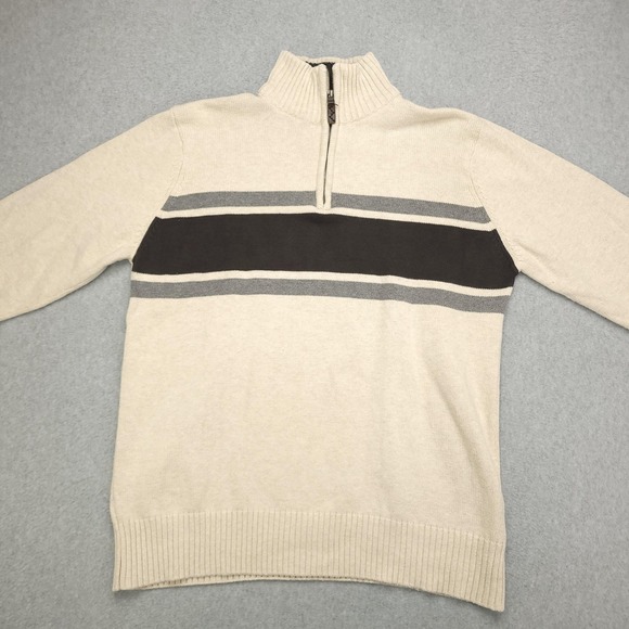 Eddie Bauer Sweater Mens Medium Beige Stripe 1/4 Zip Mock Neck Cotton Pullover - Picture 3 of 14